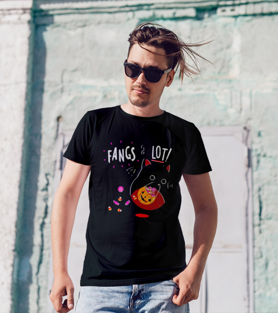 Ghost Cat Fangs A Lot Trick Or Treat Halloween Candy T-Shirt