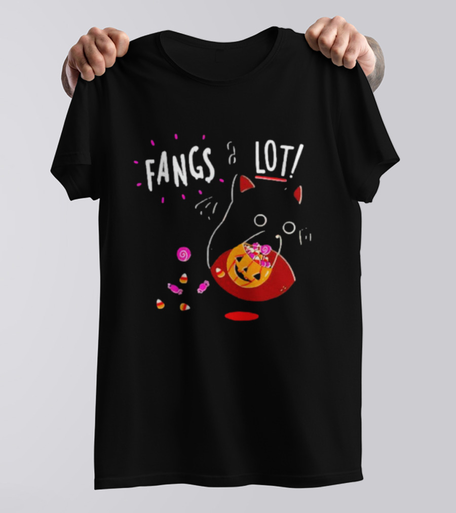 Ghost Cat Fangs A Lot Trick Or Treat Halloween Candy T-Shirt