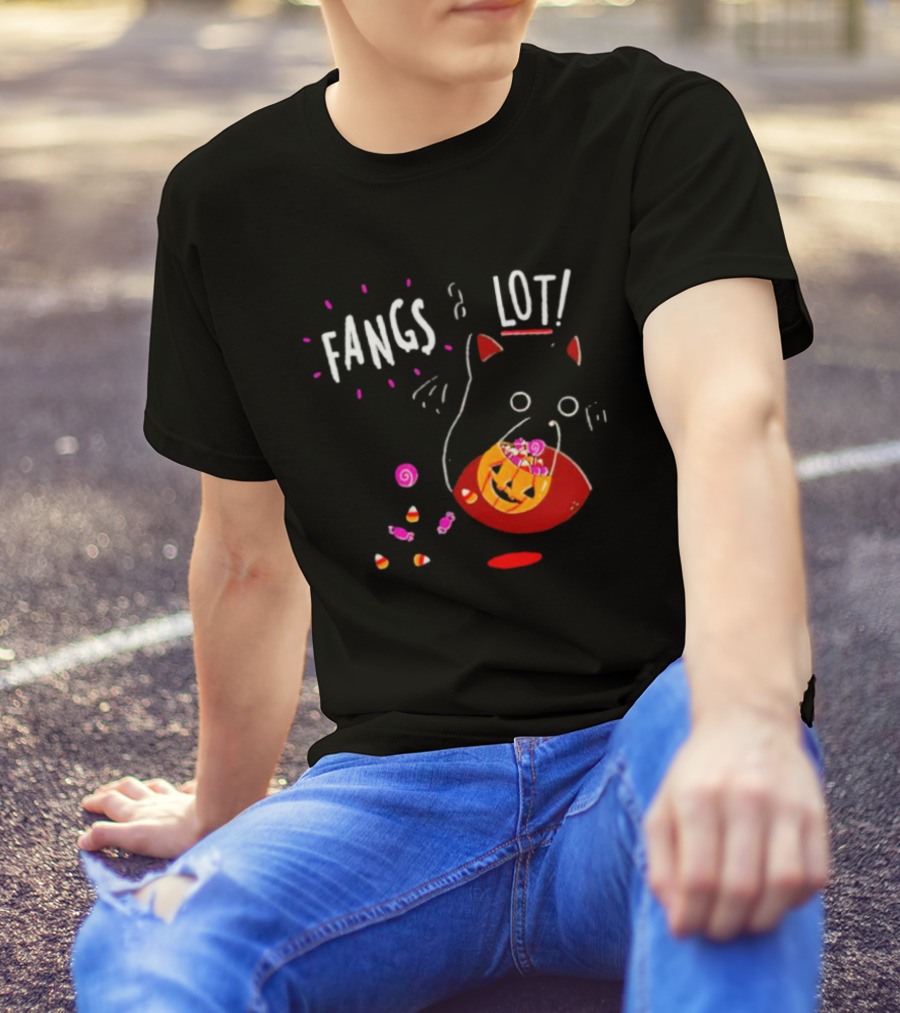 Ghost Cat Fangs A Lot Trick Or Treat Halloween Candy T-Shirt
