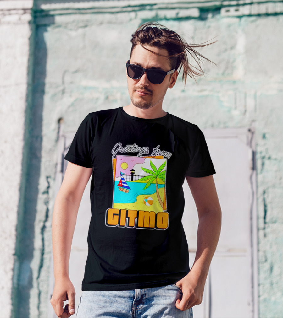 Greetings From Gitmo Beach Paradise With Sailboat And Palm Tree T-Shirt
