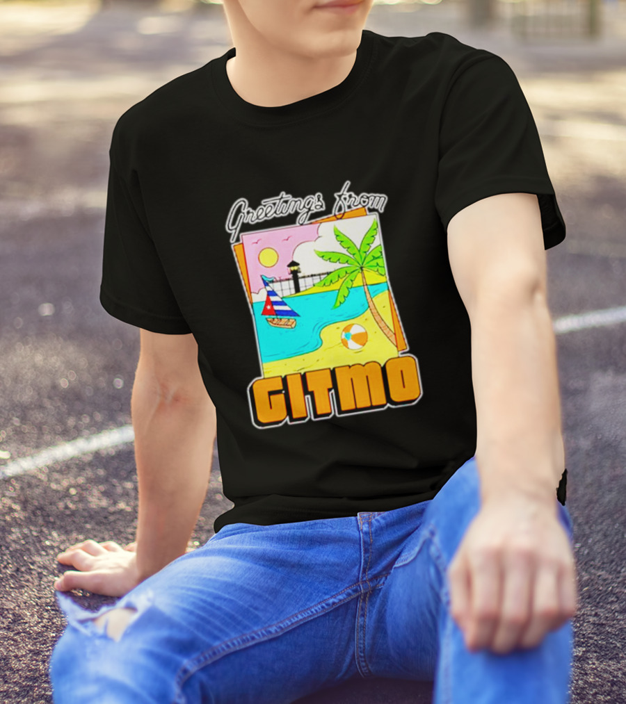 Greetings From Gitmo Beach Paradise With Sailboat And Palm Tree T-Shirt