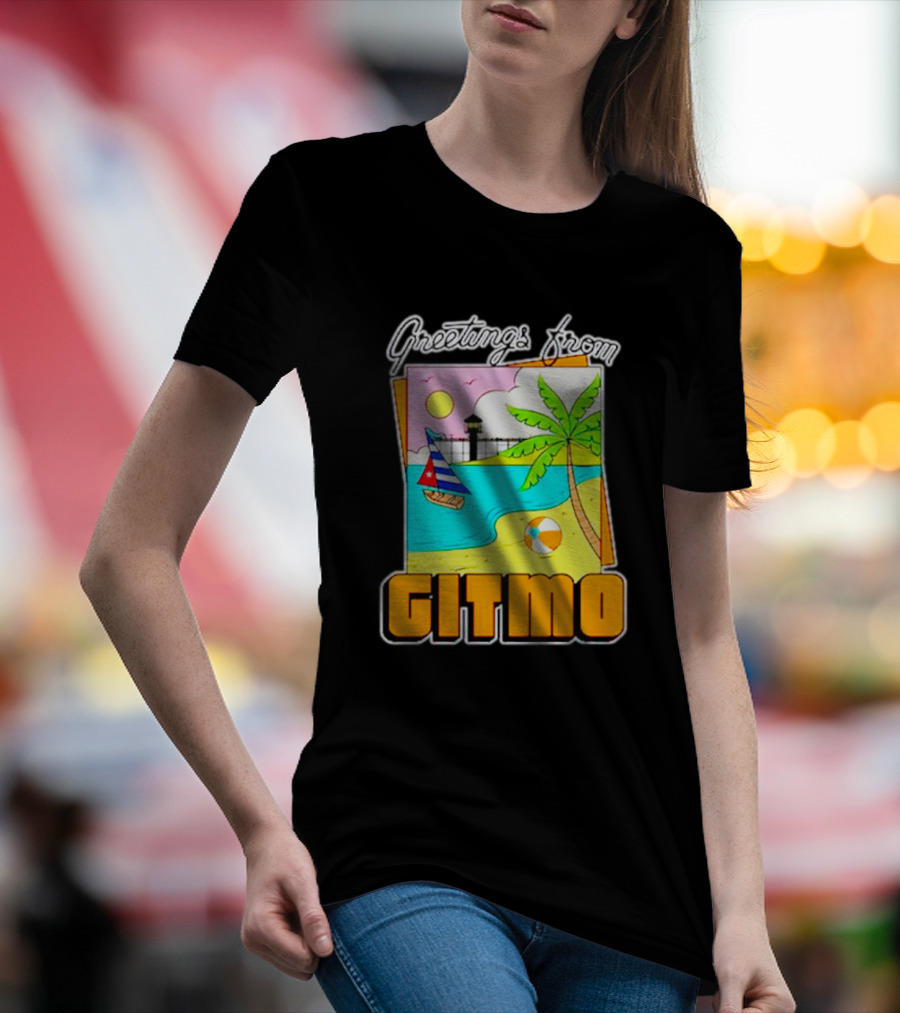 Greetings From Gitmo Beach Paradise With Sailboat And Palm Tree T-Shirt