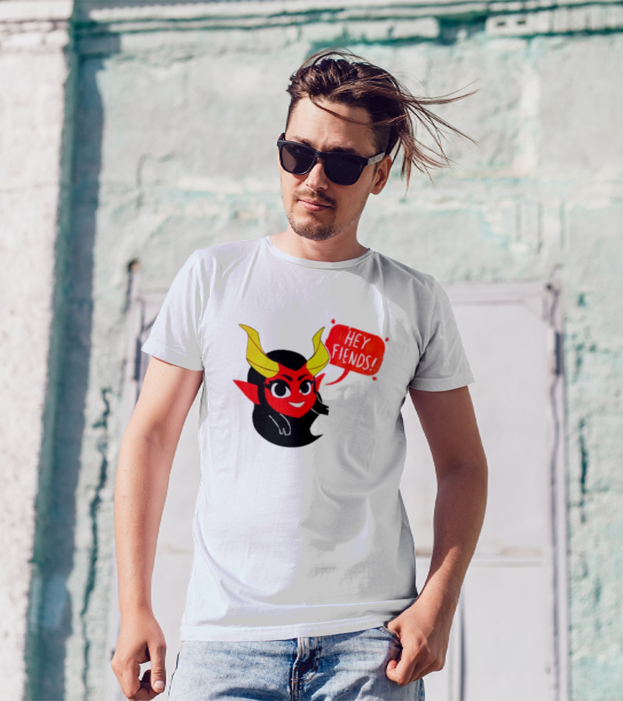 Ginnydi Hey Fiends Demon Cartoon Character With Red Face Yellow Horns And Black Hair T-Shirt