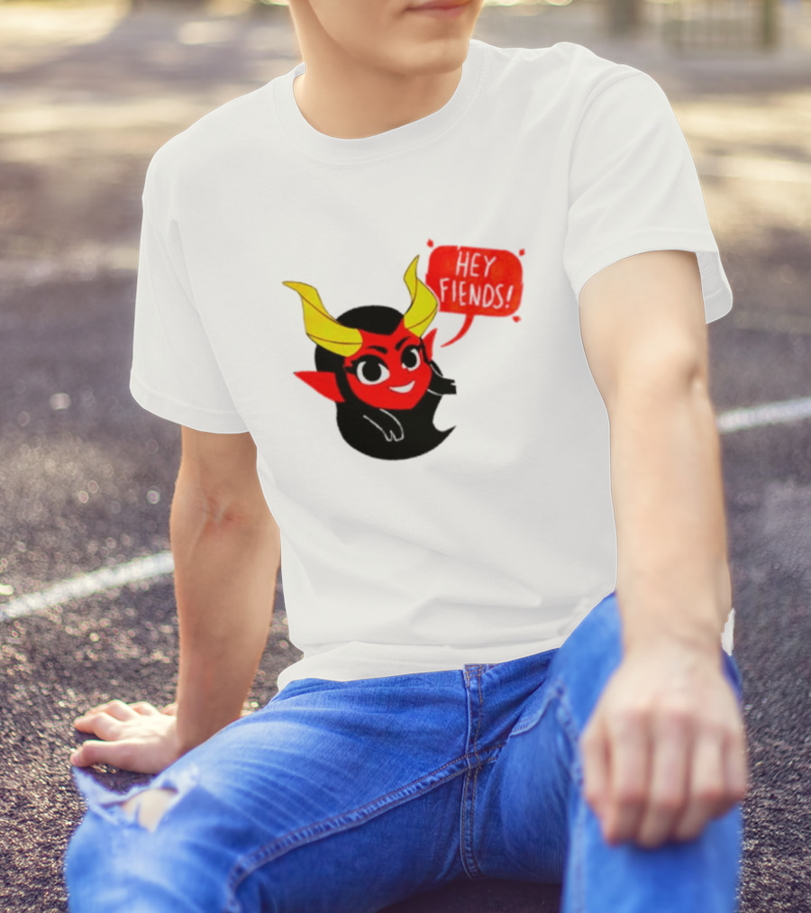 Ginnydi Hey Fiends Demon Cartoon Character With Red Face Yellow Horns And Black Hair T-Shirt