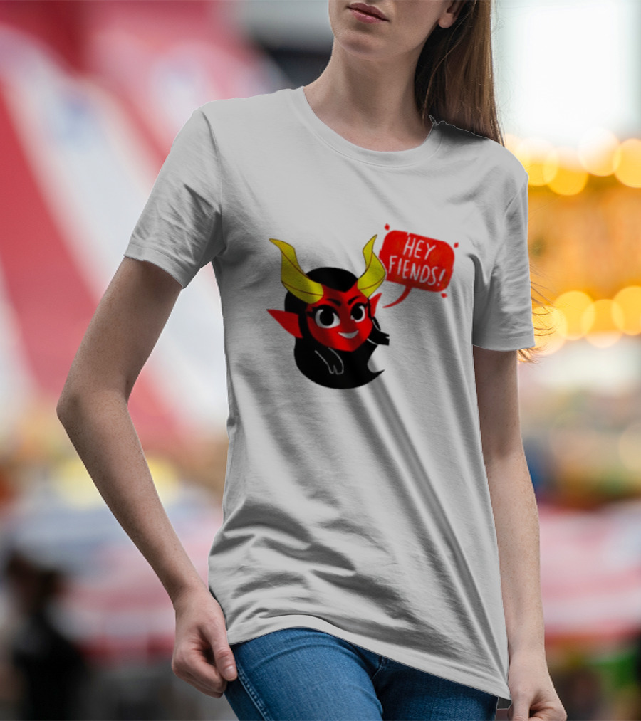 Ginnydi Hey Fiends Demon Cartoon Character With Red Face Yellow Horns And Black Hair T-Shirt