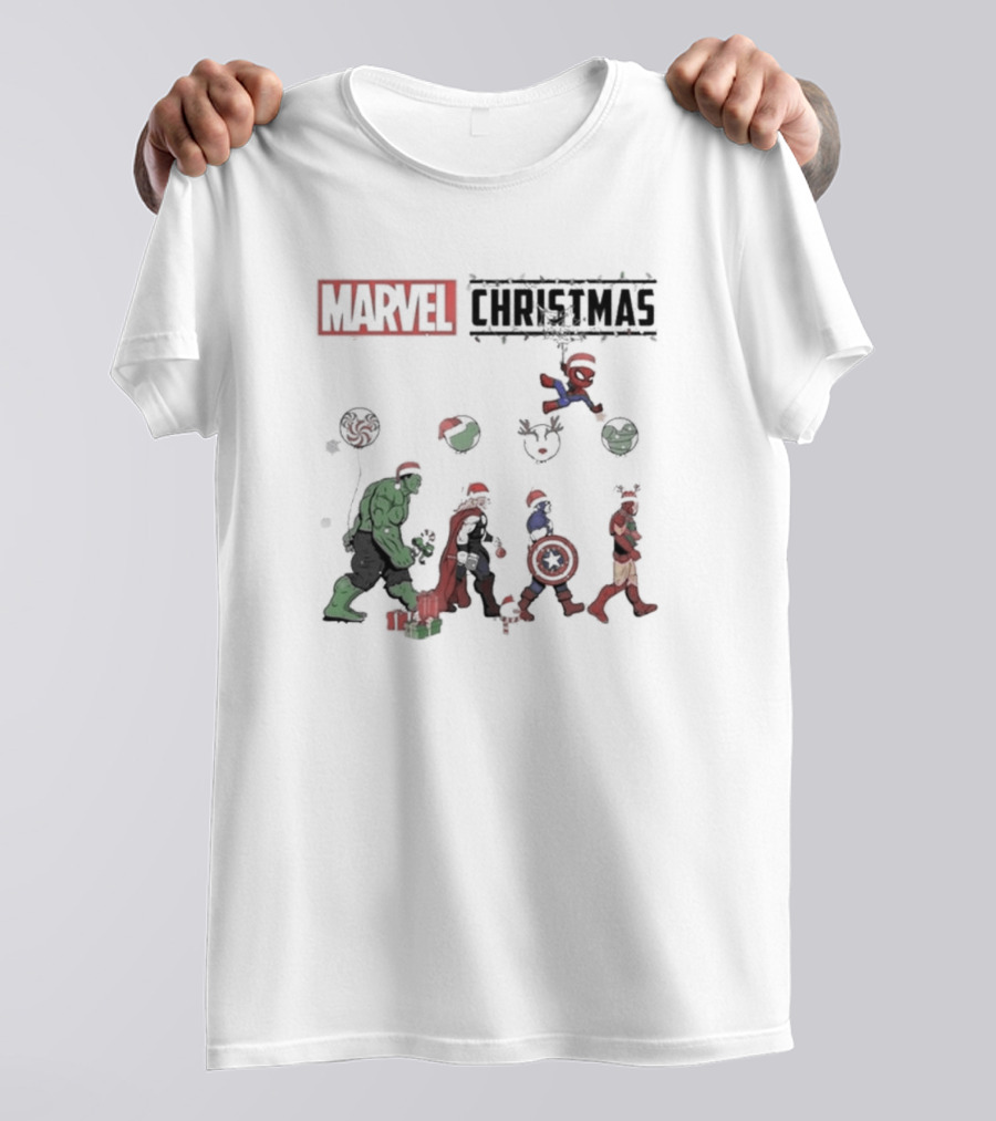 Marvel Christmas Superhero Characters In Santa Hats T-Shirt