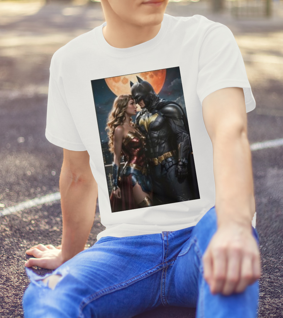 Batman And Wonder Woman Under Moonlight Romance Scene T-Shirt