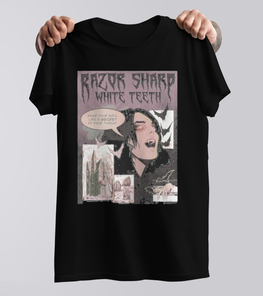 Razor Sharp White Teeth Keep Your Soul Like A Secret In Your Throat Vampires Comic Panel With Gothic T-Shirt