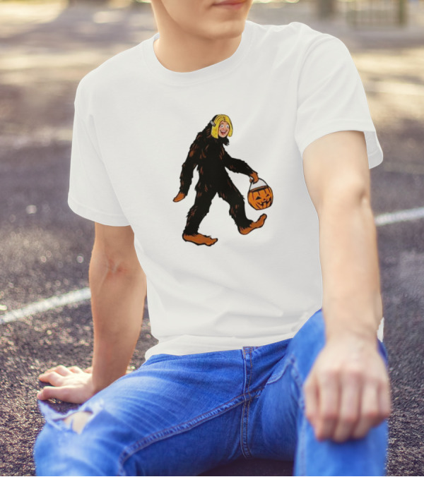 Mystical Halloween Sasquatch Holding Pumpkin Bucket Spooky Costume T-Shirt