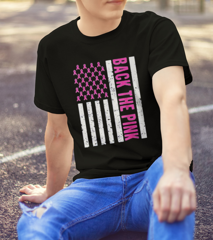 Back The Pink Breast Cancer Awareness American Flag Ribbons T-Shirt
