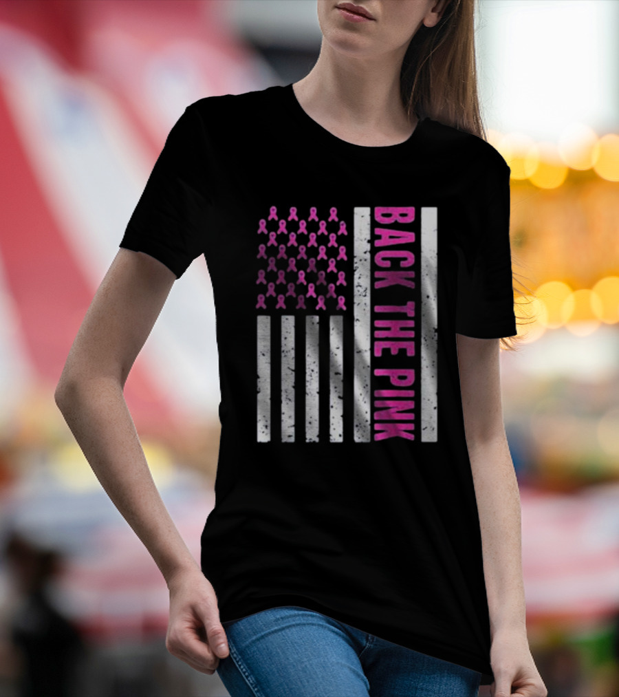 Back The Pink Breast Cancer Awareness American Flag Ribbons T-Shirt