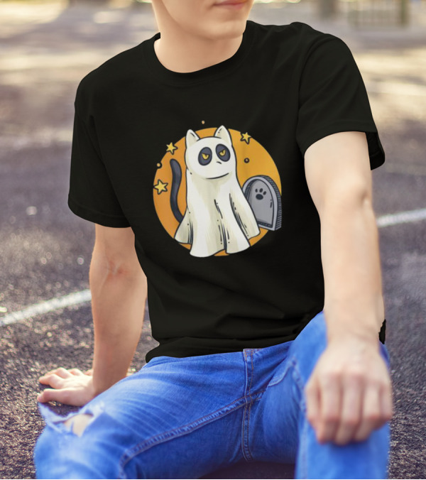 Cute Ghost Cat Halloween Outfit Black Cat With Stars And Tombstone T-Shirt
