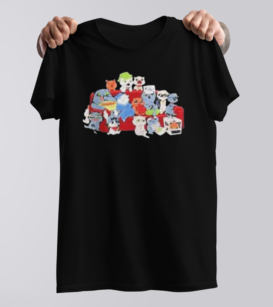 Lirik Couch Gang Cat Characters On Red Sofa With Snacks T-Shirt