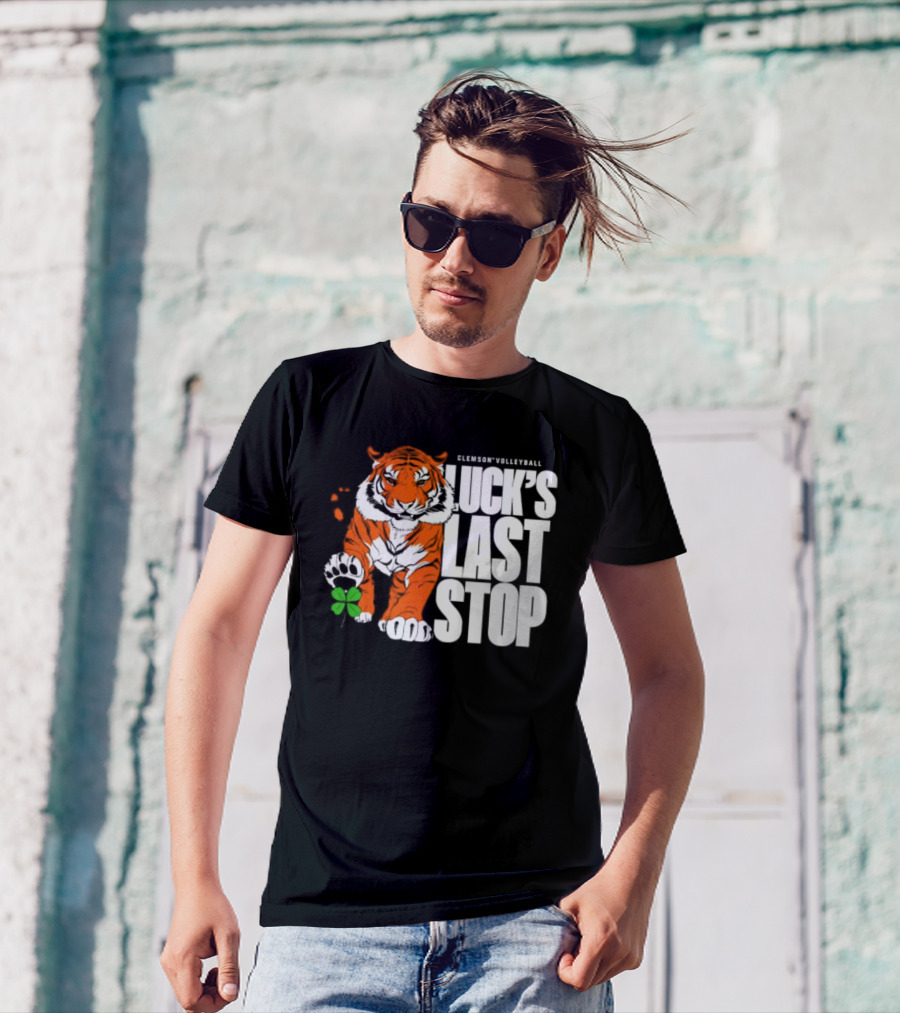 Clemson Volleyball Tiger Luck's Last Stop Tiger Paw With Clover T-Shirt