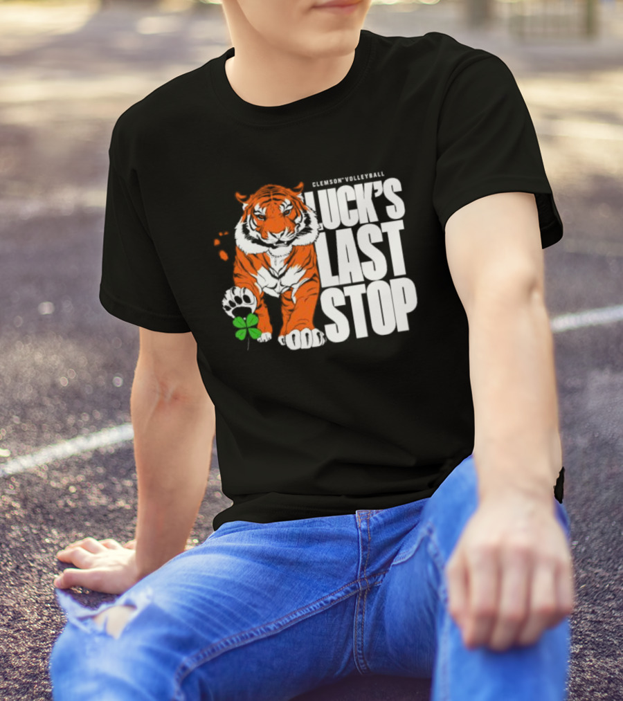 Clemson Volleyball Tiger Luck's Last Stop Tiger Paw With Clover T-Shirt