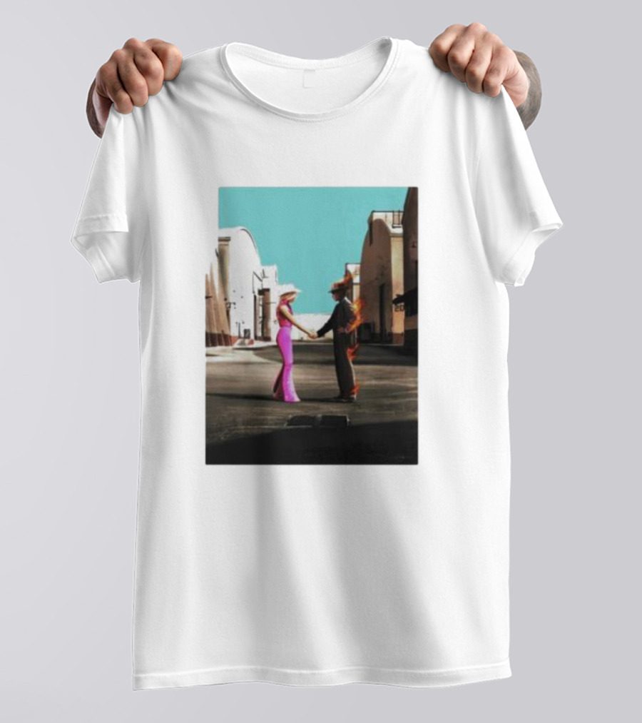 Barbenheimer Picture Woman In Pink And Flaming Figure In Studio Setting T-Shirt