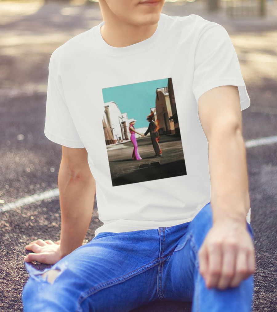 Barbenheimer Picture Woman In Pink And Flaming Figure In Studio Setting T-Shirt
