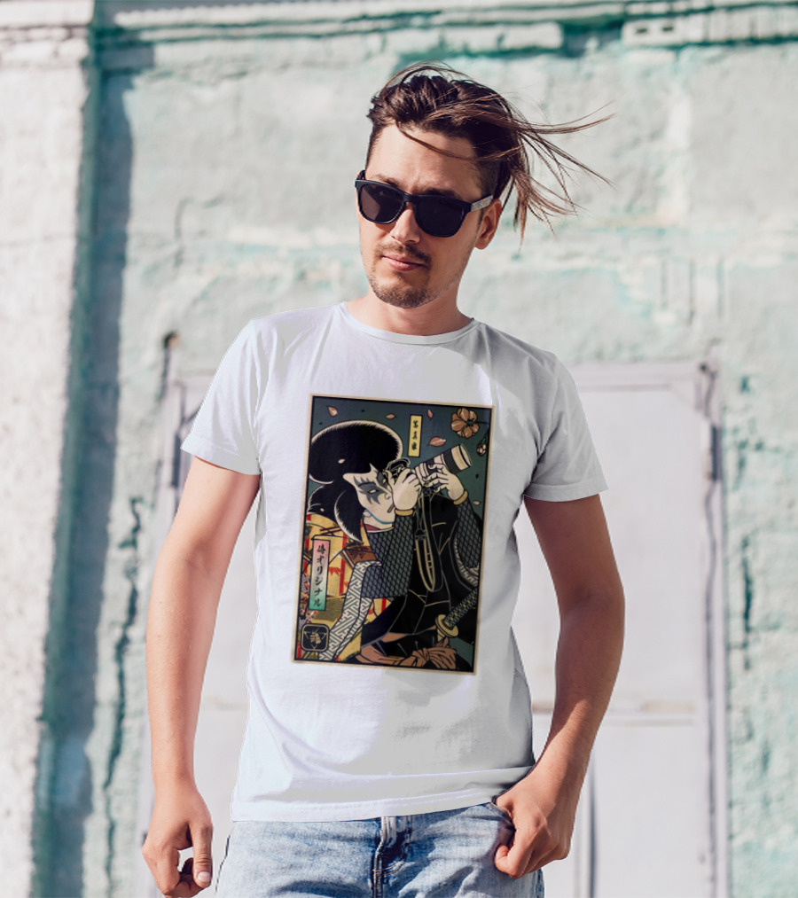 Samurai Ukiyo-e Style Photographer With Katana And Cherry Blossoms T-Shirt