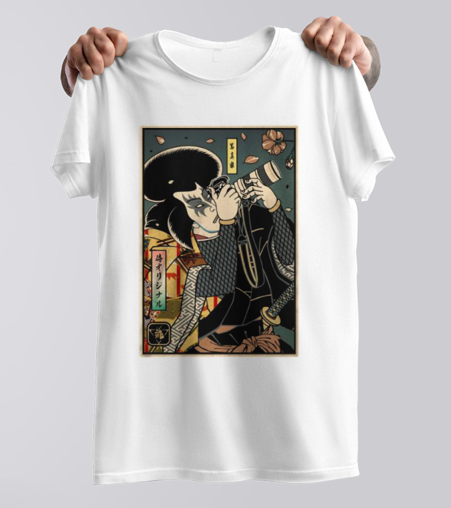 Samurai Ukiyo-e Style Photographer With Katana And Cherry Blossoms T-Shirt