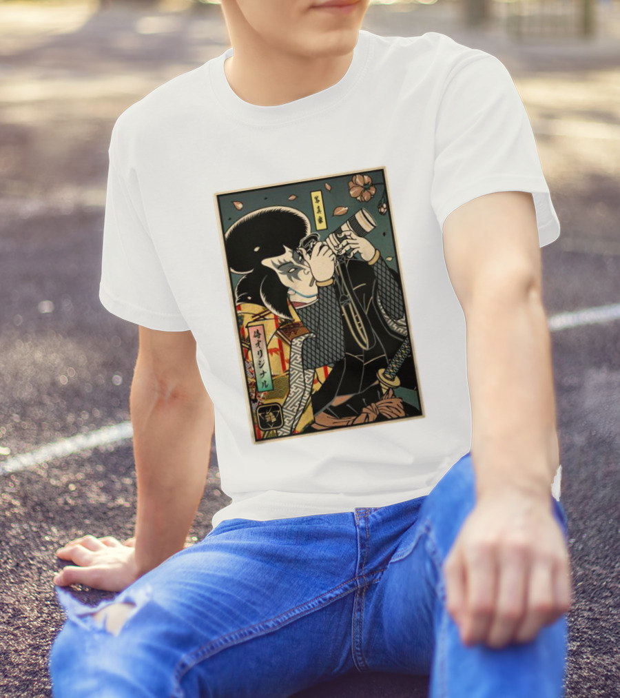 Samurai Ukiyo-e Style Photographer With Katana And Cherry Blossoms T-Shirt