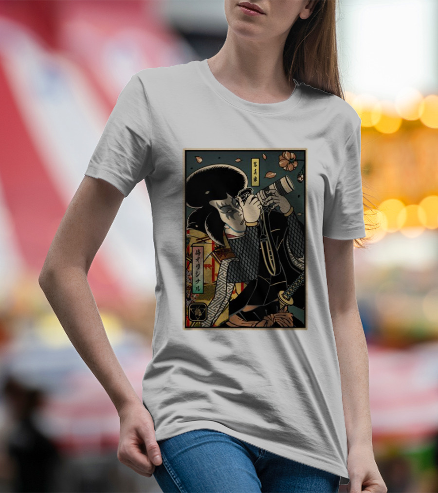 Samurai Ukiyo-e Style Photographer With Katana And Cherry Blossoms T-Shirt