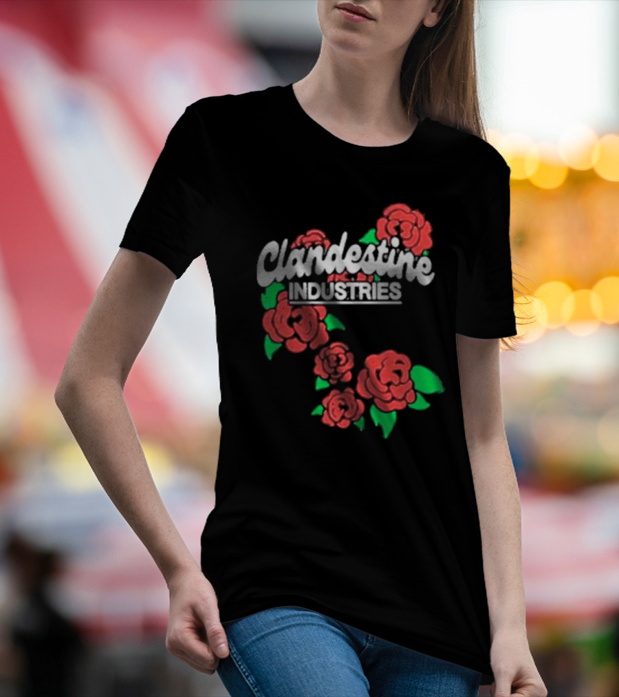 Clandestine Industries Roses Band With Red And Green Elements T-Shirt