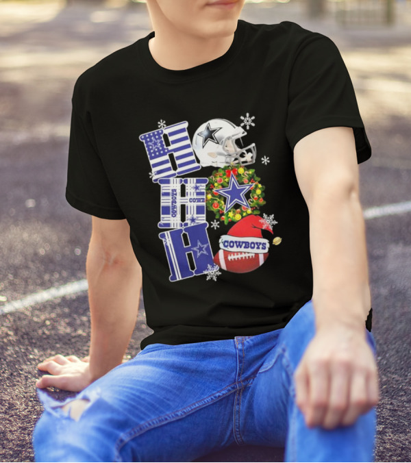 Dallas Cowboys Ho Ho Ho Merry Christmas Football Helmet Wreath Snowflakes T-Shirt