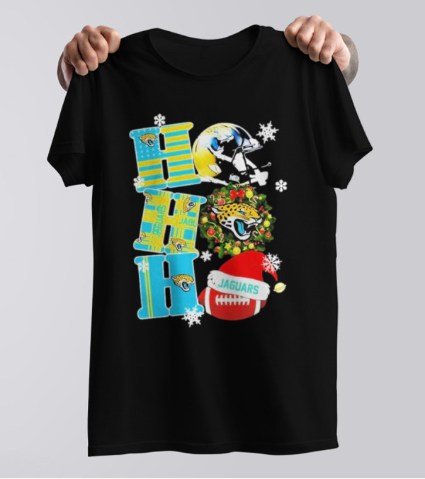 Jacksonville Jaguars Ho Ho Ho Merry Christmas Football Santa Hat Snowflakes Wreath T-Shirt