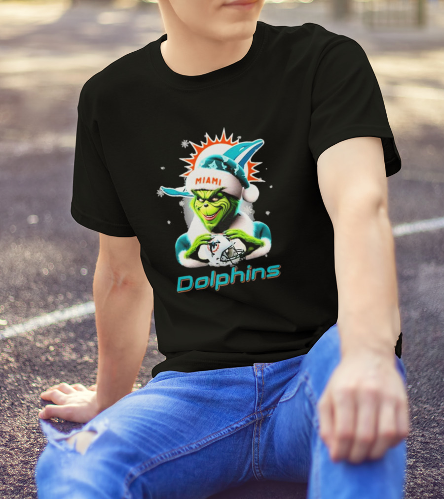 Miami Dolphins Christmas Grinch Santa Hat T-Shirt