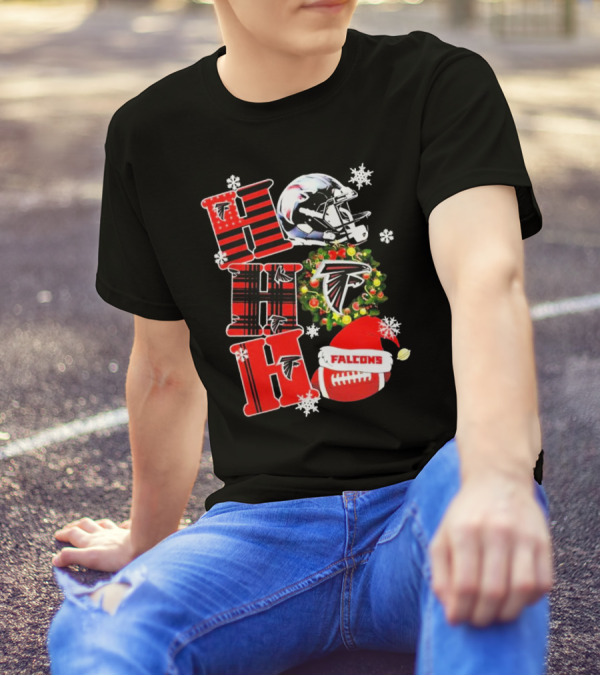 Atlanta Falcons Ho Ho Ho Merry Christmas Helmet Wreath Snowflakes Football Holiday T-Shirt