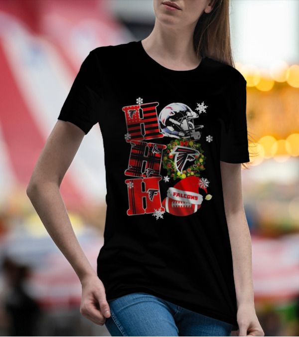 Atlanta Falcons Ho Ho Ho Merry Christmas Helmet Wreath Snowflakes Football Holiday T-Shirt