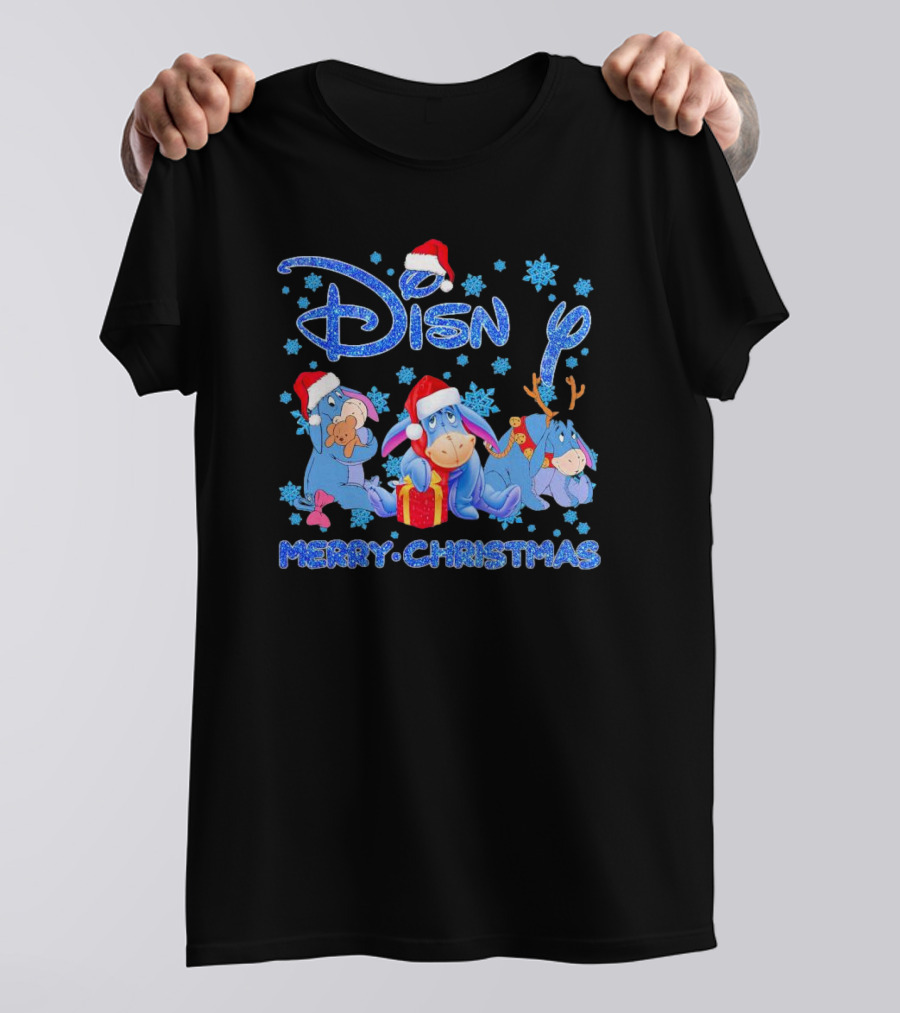 Disney Eeyore Santa Hat Winnie-the-Pooh Merry Christmas Snowflakes T-Shirt