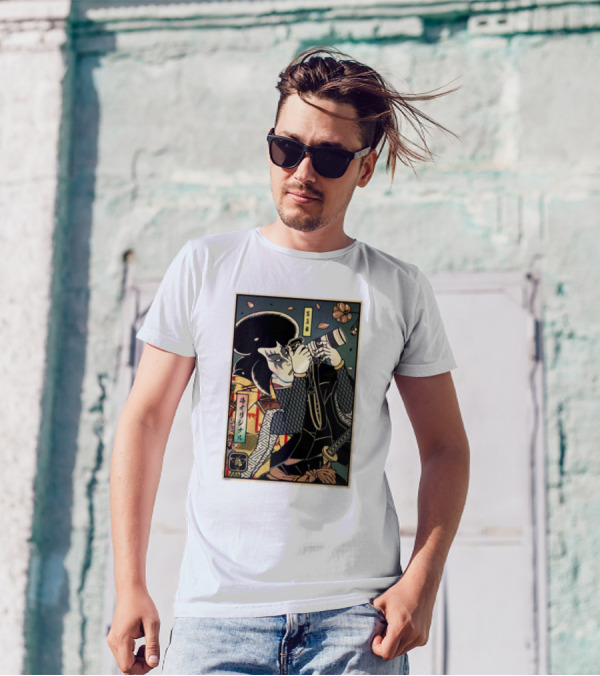 Samurai Photographer Ukiyo-e Style With Vintage Floral Elements T-Shirt