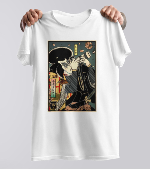 Samurai Photographer Ukiyo-e Style With Vintage Floral Elements T-Shirt
