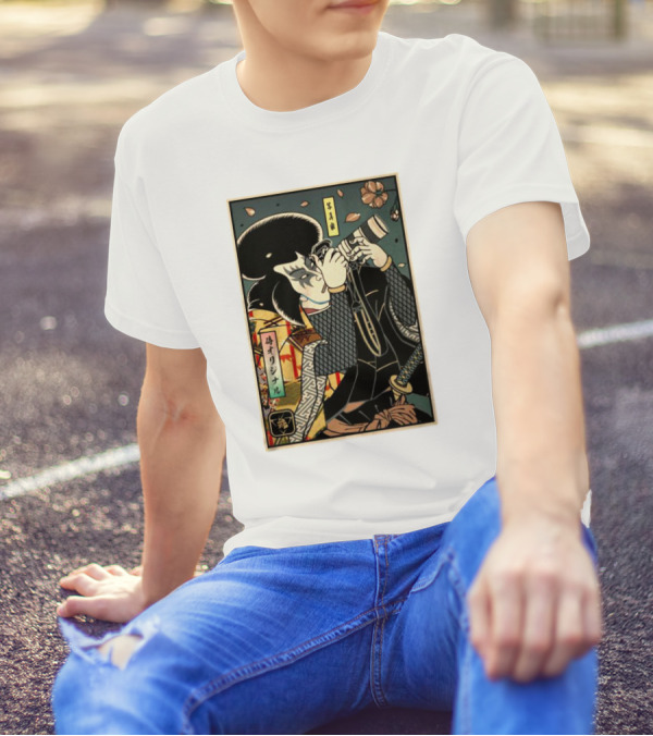 Samurai Photographer Ukiyo-e Style With Vintage Floral Elements T-Shirt