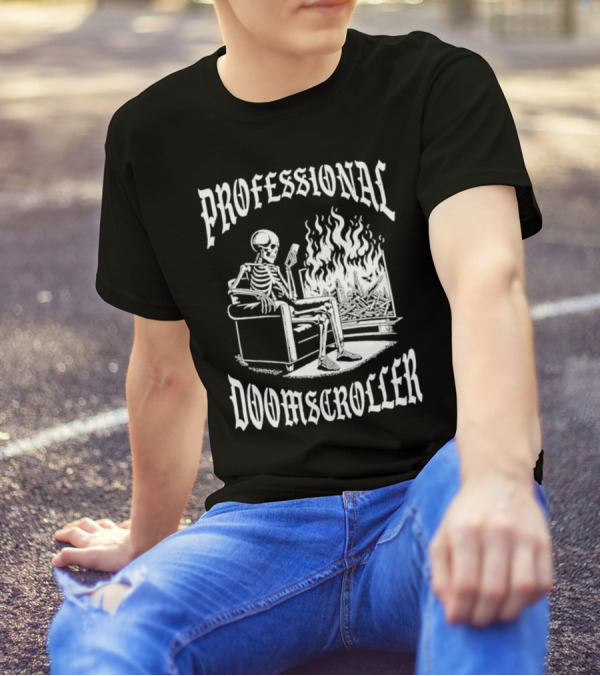 Professional Doomscroller Skeleton By Fireplace T-Shirt