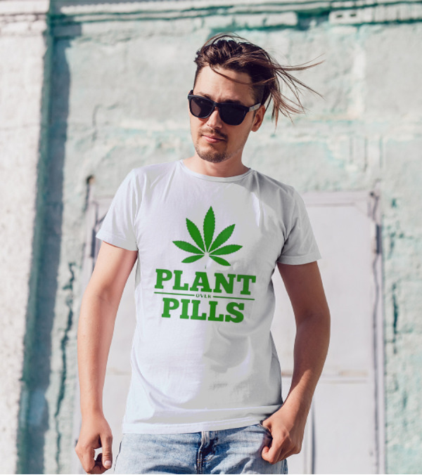 Plant Over Pills Cannabis Leaf Icon Bold Typography T-Shirt