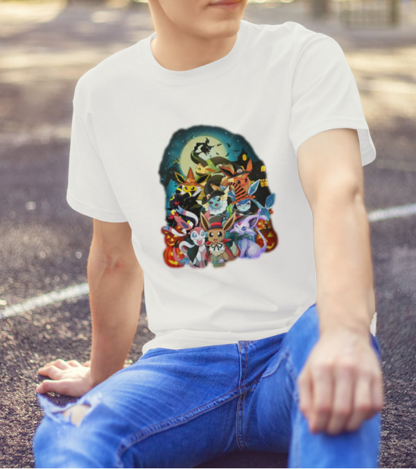 Halloween Eevee All Evolutions With Pumpkins And Witch Hat Moon Scene T-Shirt