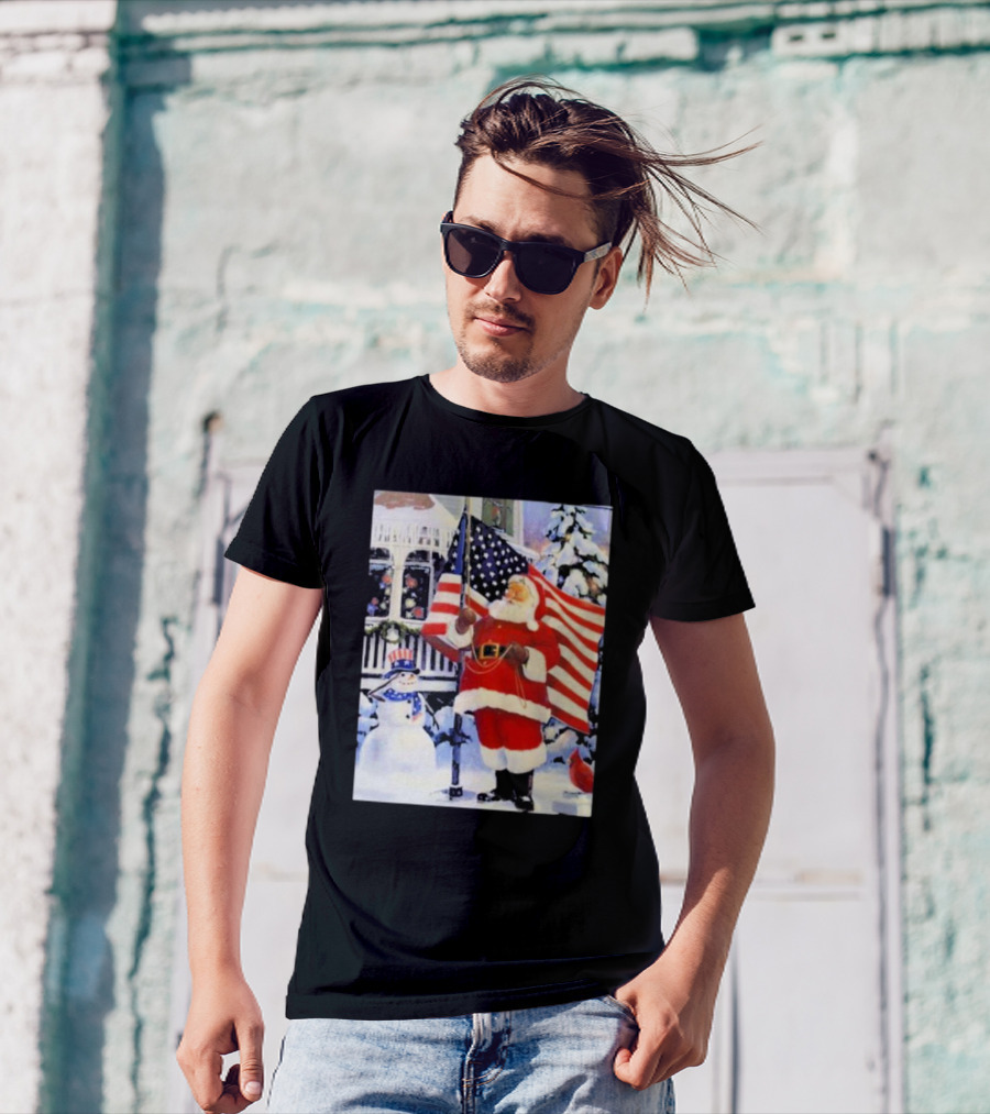 Santa Claus And Snowman With American Flag In Winter Scene T-Shirt