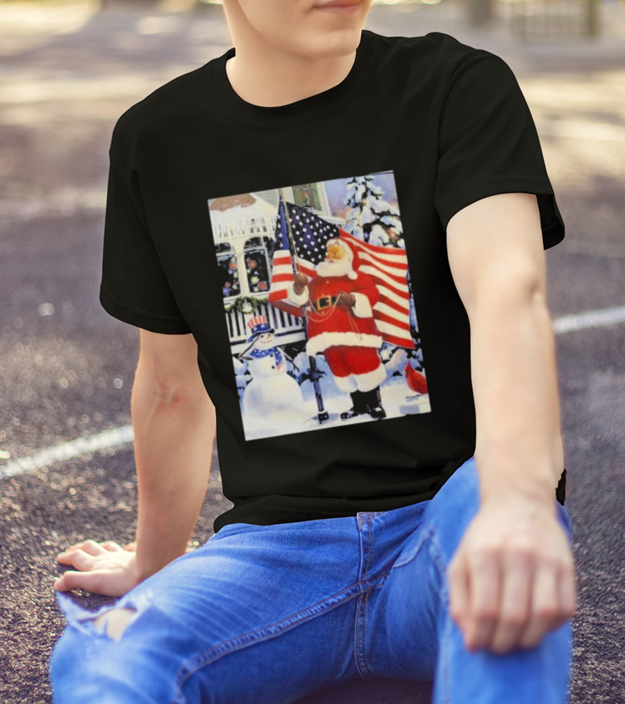 Santa Claus And Snowman With American Flag In Winter Scene T-Shirt