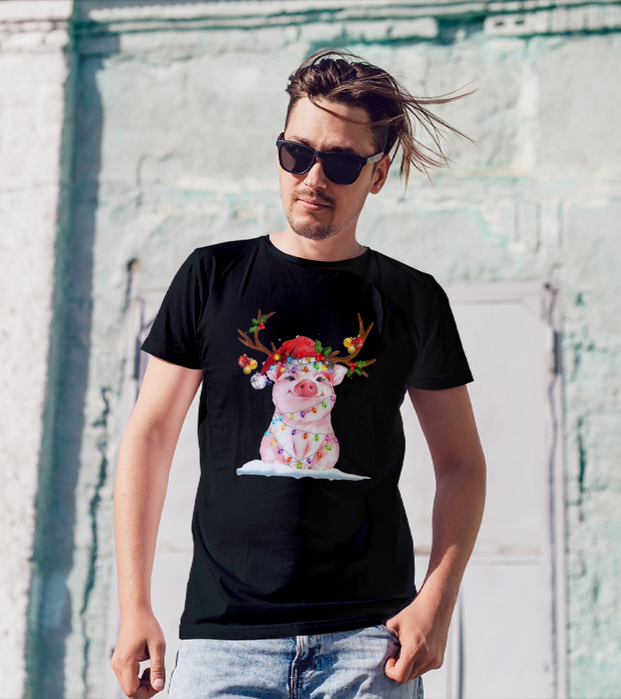 Pig Reindeer Antlers Santa Hat Christmas Lights T-Shirt