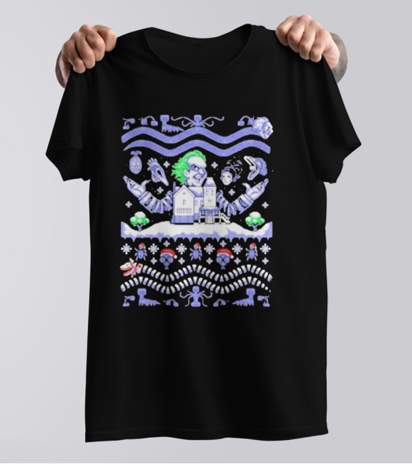 Christmas Beetlejuice Snowy House Scene And Ghostly Icons T-Shirt
