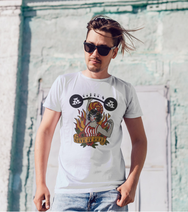 Get Up Give It Hell Retro Strongwoman Flames Barber Pole Haircurl Stripes Roses Boxing Gym Vintage T-Shirt