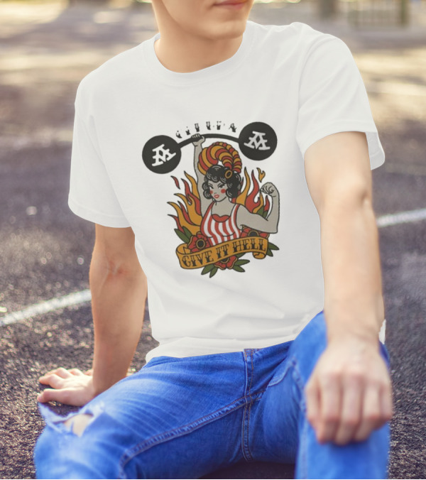 Get Up Give It Hell Retro Strongwoman Flames Barber Pole Haircurl Stripes Roses Boxing Gym Vintage T-Shirt
