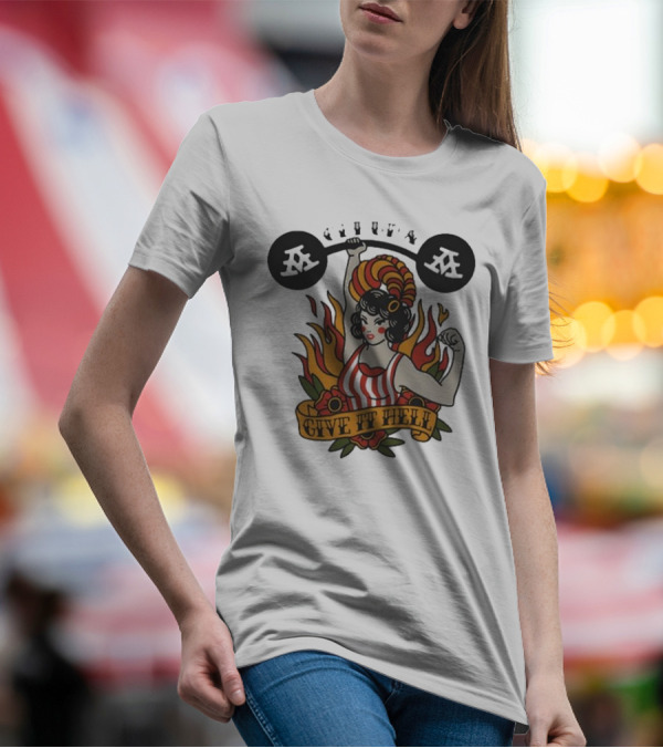 Get Up Give It Hell Retro Strongwoman Flames Barber Pole Haircurl Stripes Roses Boxing Gym Vintage T-Shirt