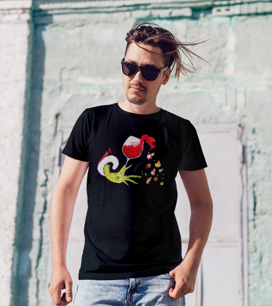 Grinch Hand Christmas Wine Glass Festive Holiday T-Shirt