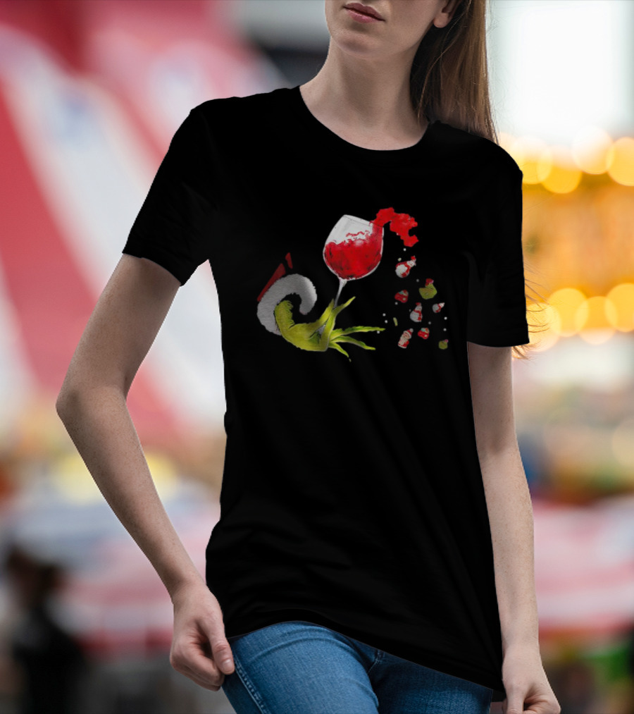 Grinch Hand Christmas Wine Glass Festive Holiday T-Shirt