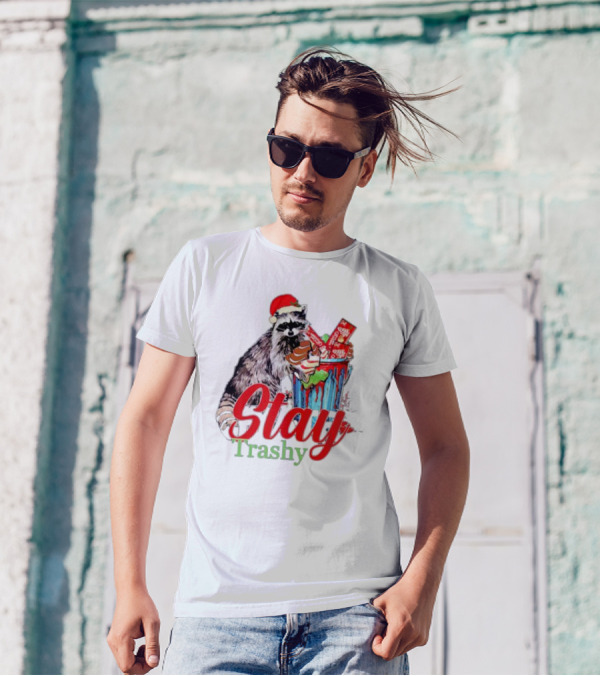 Stay Trashy Christmas Raccoon Xmas Lover With Santa Hat T-Shirt