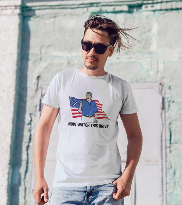 NOW WATCH THIS DRIVE American Flag Golfing Scene T-Shirt