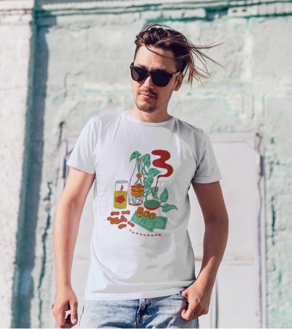 Quarenscene Natural Topo Chico Bottle With Dice, Peanuts, Dollar Bills, Glass, And Smoking Pipe Scene T-Shirt